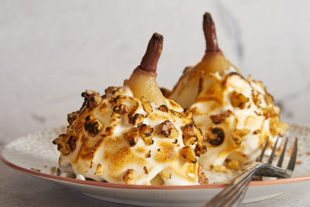 Poached Pears with Vegan Meringue and Walnuts
