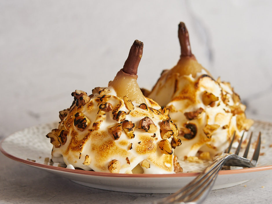 Poached Pears with Vegan Meringue and Walnuts