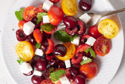 Cherry, heirloom tomato and vegan feta salad